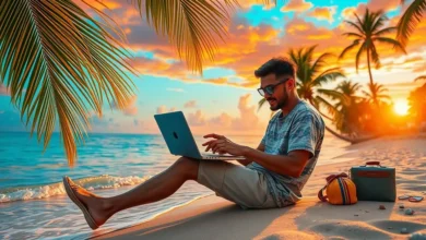 Nômade digital trabalhando ao pôr do sol em uma paisagem tropical.