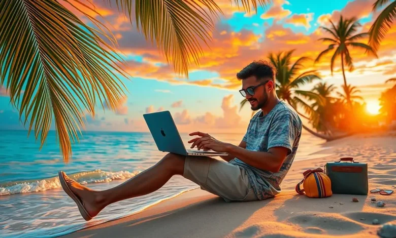 7 Passos Práticos para Empreender e Viver Como um Nômade Digital - Web Nômade Digital Nômade digital trabalhando ao pôr do sol em uma paisagem tropical.
