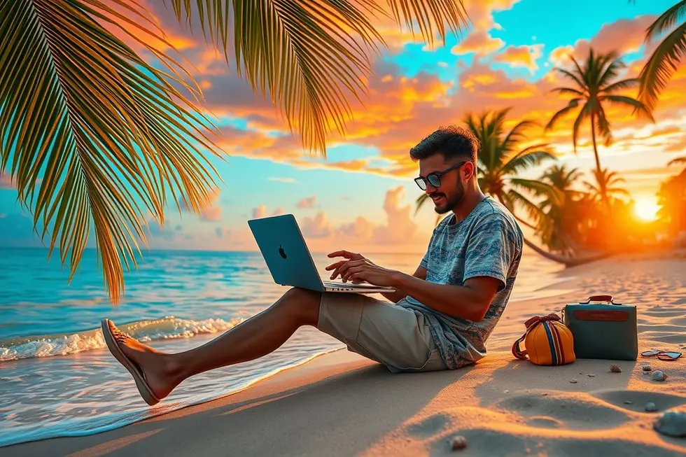 Nômade digital trabalhando ao pôr do sol em uma paisagem tropical.