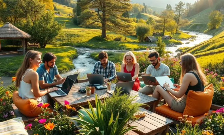 10 Estratégias para Escalar seu Negócio de Forma Sustentável enquanto Viaja - Web Nômade Digital Imagem que representa a combinação de viagens e trabalho sustentável.
