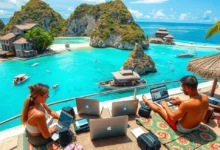 Cenário vibrante de nômades digitais trabalhando em locais exóticos.