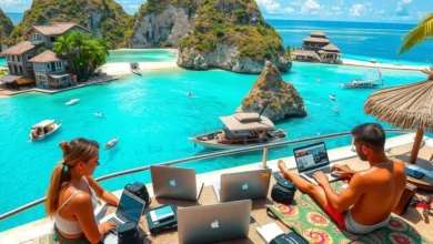 Cenário vibrante de nômades digitais trabalhando em locais exóticos.