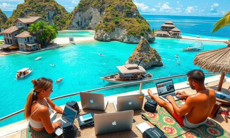 Os 7 Mitos e Verdades sobre Empreender que Todo Nômade Digital Deve Conhecer - Web Nômade Digital Cenário vibrante de nômades digitais trabalhando em locais exóticos.