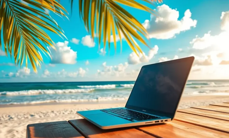 7 Estratégias Para Aumentar a Lucratividade Enquanto Vive como um Nômade Digital - Web Nômade Digital Trabalho remoto em uma praia tropical.