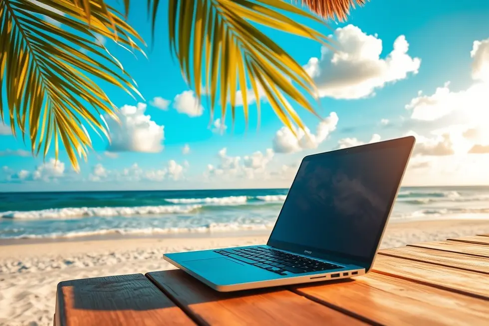 Trabalho remoto em uma praia tropical.