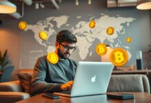 Nômade digital trabalhando com criptomoedas e laptop