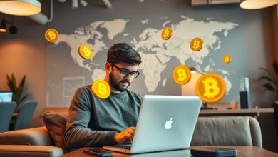 Nômade digital trabalhando com criptomoedas e laptop
