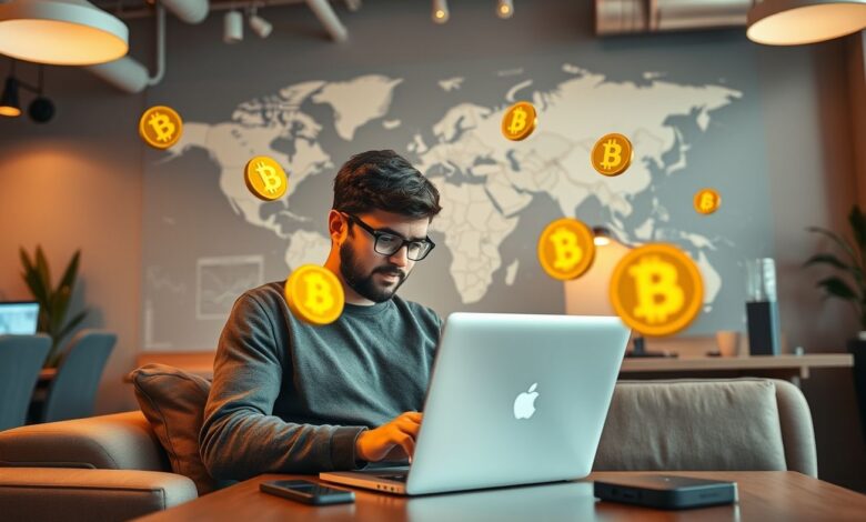Nômade digital trabalhando com criptomoedas e laptop