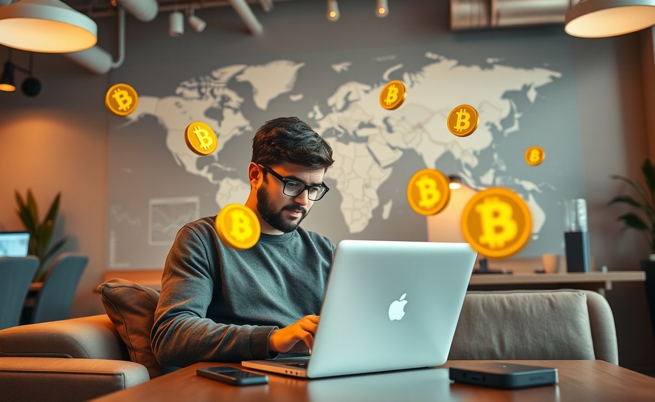 Nômade digital trabalhando com criptomoedas e laptop