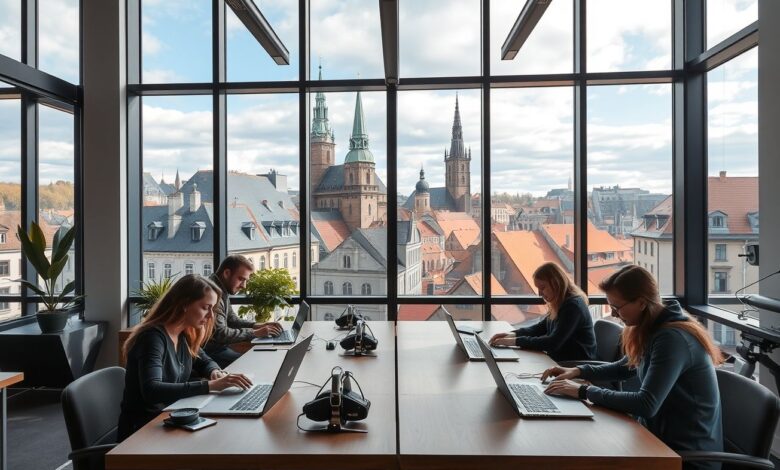 Nômades digitais trabalhando em coworking na Estônia