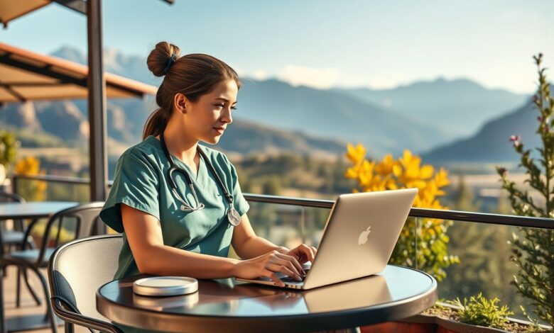 Países com visto de nômade digital para enfermeiros: Guia Completo 2024 - Web Nômade Digital Enfermeira nômade digital trabalhando remotamente em laptop com paisagem natural