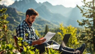 Engenheiro nômade digital trabalhando remotamente com vista montanhosa