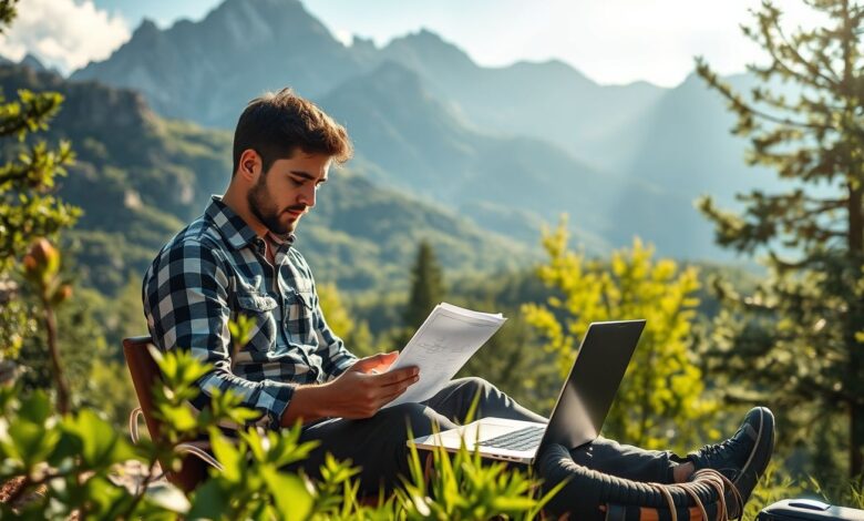 Países com visto de nômade digital para engenheiros: Guia Completo 2024 - Web Nômade Digital Engenheiro nômade digital trabalhando remotamente com vista montanhosa