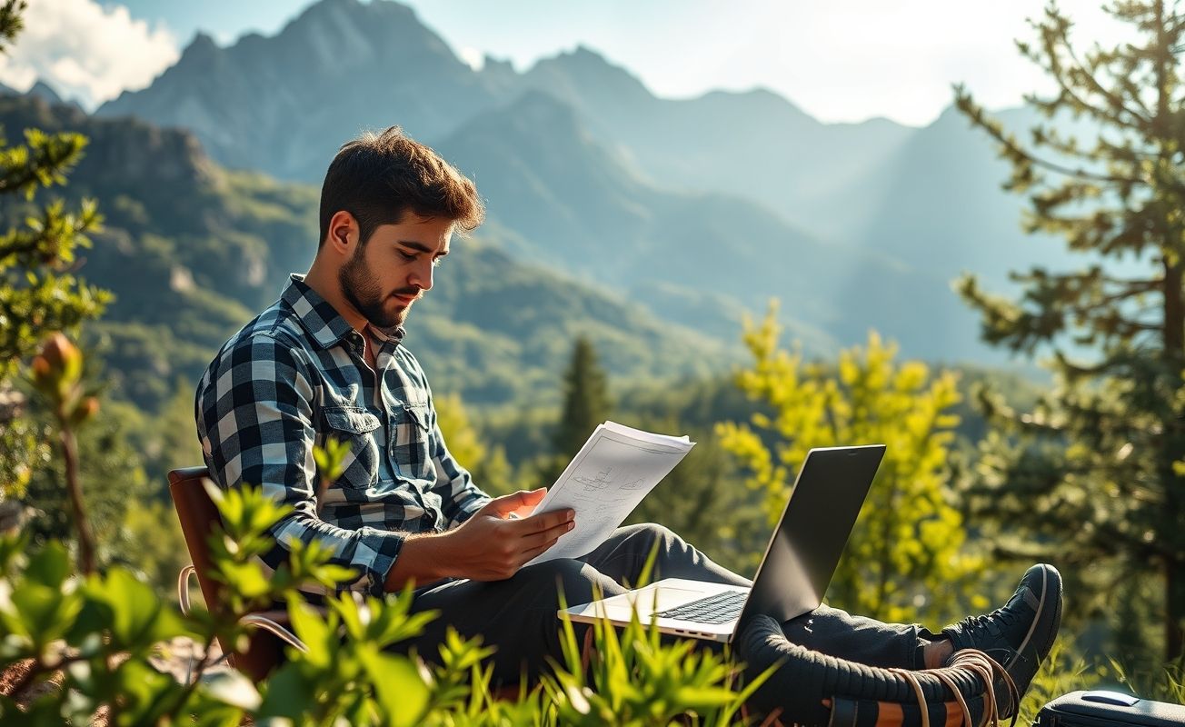Engenheiro nômade digital trabalhando remotamente com vista montanhosa