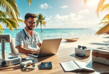 Fisioterapeuta nômade digital atendendo online em ambiente tropical