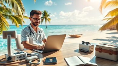 Fisioterapeuta nômade digital atendendo online em ambiente tropical