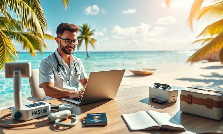 Países com visto de nômade digital para fisioterapeutas: Guia Completo 2024 - Web Nômade Digital Fisioterapeuta nômade digital atendendo online em ambiente tropical