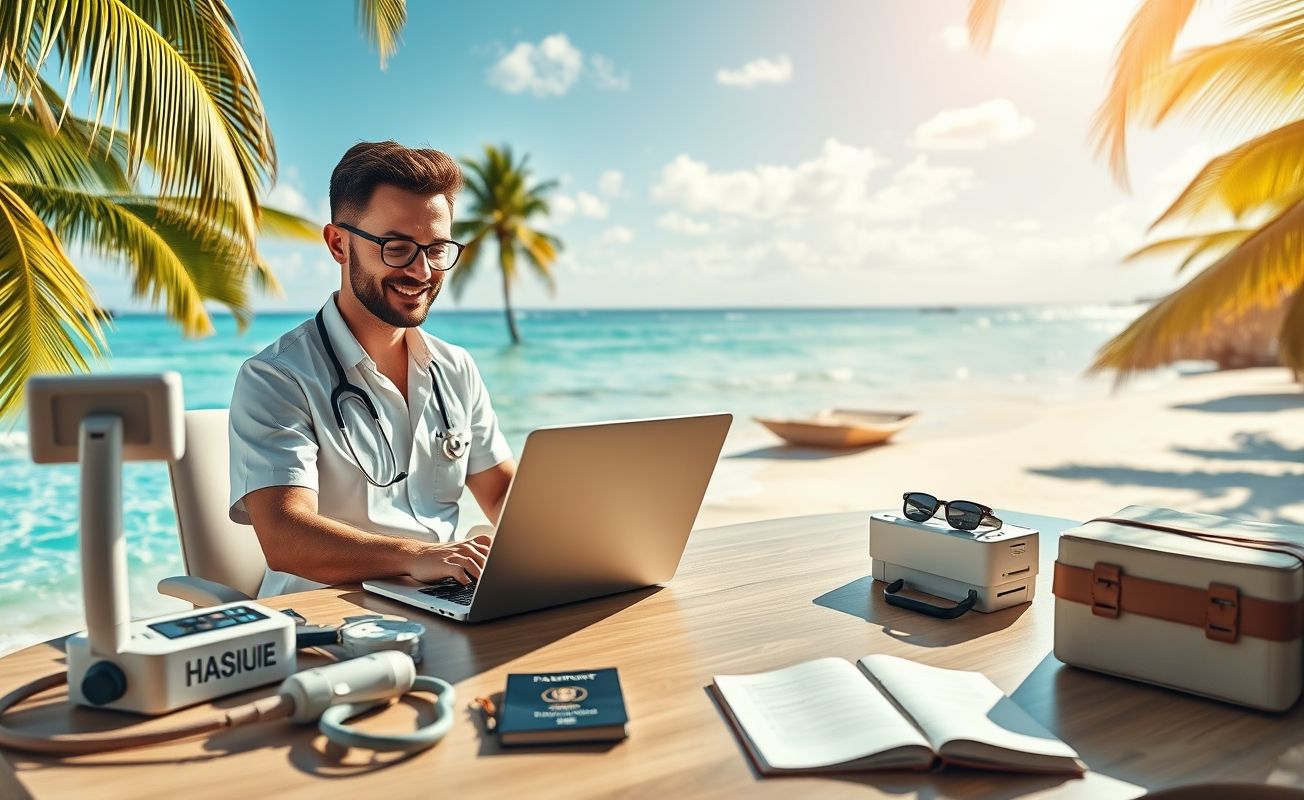 Fisioterapeuta nômade digital atendendo online em ambiente tropical