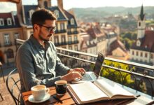 Tradutor nômade digital trabalhando em laptop em café com arquitetura europeia ao fundo