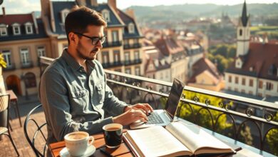 Tradutor nômade digital trabalhando em laptop em café com arquitetura europeia ao fundo
