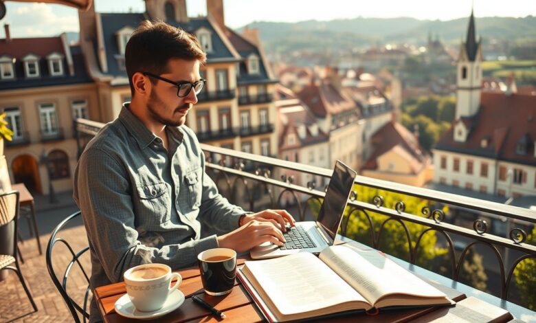 Países com visto de nômade digital para tradutores: Guia Completo 2024 - Web Nômade Digital Tradutor nômade digital trabalhando em laptop em café com arquitetura europeia ao fundo