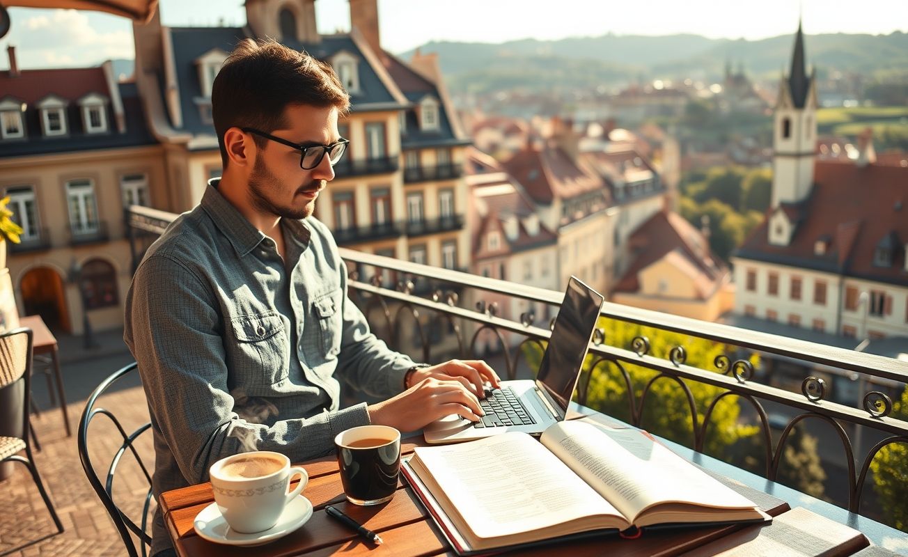 Tradutor nômade digital trabalhando em laptop em café com arquitetura europeia ao fundo