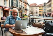 Idosos trabalhando como nômades digitais em viagem