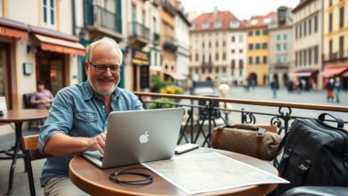 Idosos trabalhando como nômades digitais em viagem