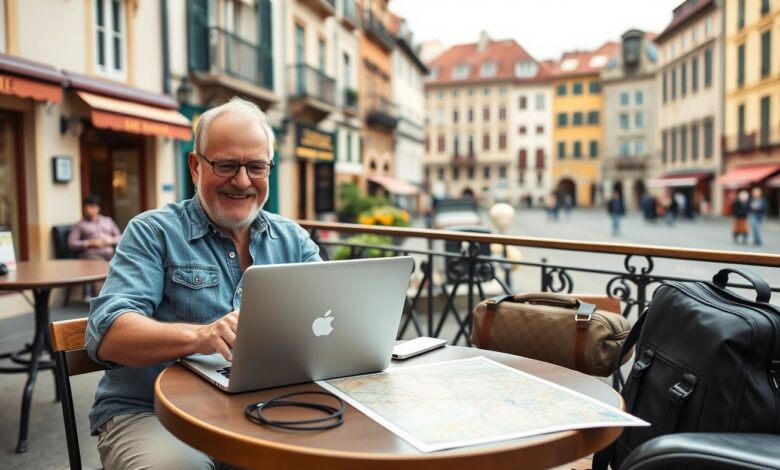 Visto Nômade Sênior: Como Trabalhar e Viajar Após os 60 Anos - Web Nômade Digital Idosos trabalhando como nômades digitais em viagem