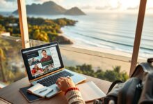 Professor nômade digital trabalhando remotamente em varanda com vista para o mar