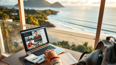 Professor nômade digital trabalhando remotamente em varanda com vista para o mar