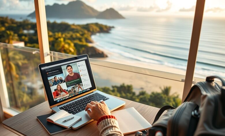 Professor nômade digital trabalhando remotamente em varanda com vista para o mar