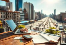 Nômade digital trabalhando remotamente com documentos de viagem
