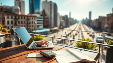 Nômade digital trabalhando remotamente com documentos de viagem