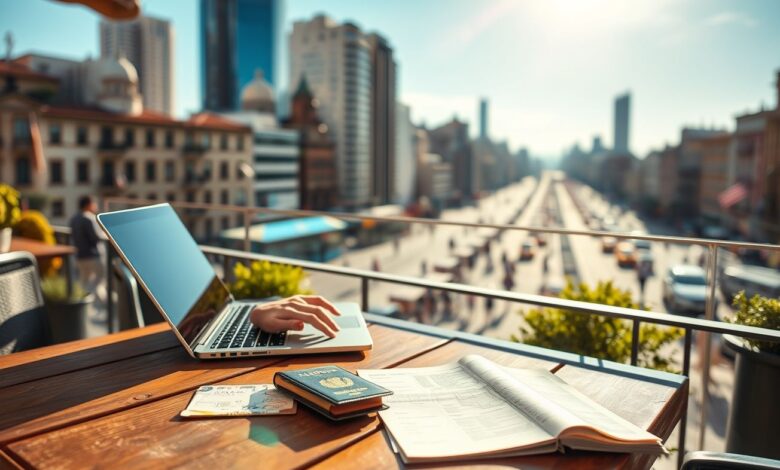 Nômade digital trabalhando remotamente com documentos de viagem