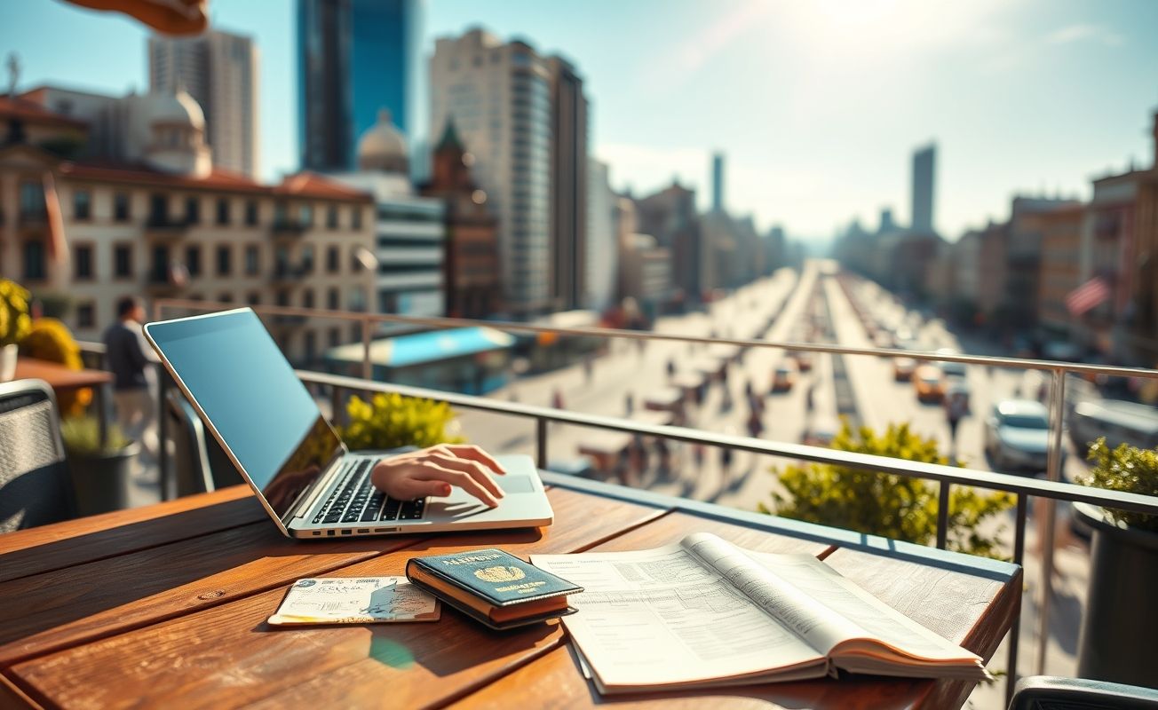 Nômade digital trabalhando remotamente com documentos de viagem