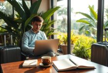 Terapeuta nômade digital trabalhando remotamente com laptop em café aconchegante