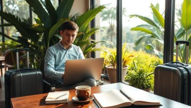 Terapeuta nômade digital trabalhando remotamente com laptop em café aconchegante