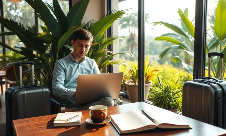 Visto Terapeutas Nômades: Guia Completo para Profissionais de Saúde Mental - Web Nômade Digital Terapeuta nômade digital trabalhando remotamente com laptop em café aconchegante