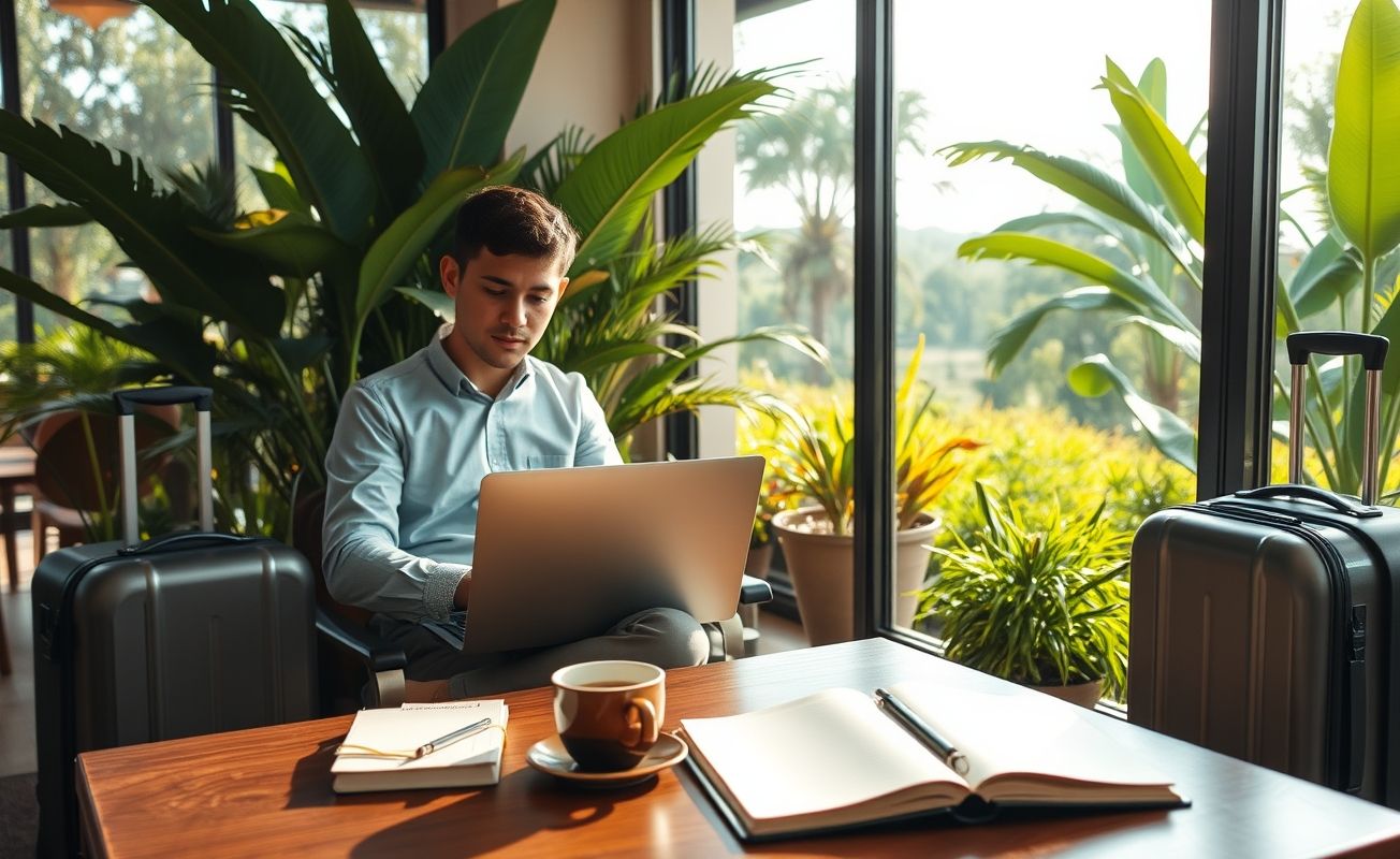 Terapeuta nômade digital trabalhando remotamente com laptop em café aconchegante