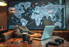 Nômade digital usando VPN em café para trabalho remoto seguro