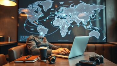 Nômade digital usando VPN em café para trabalho remoto seguro