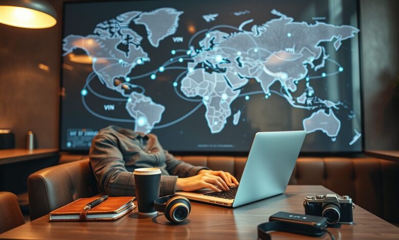 VPN para Nômades Digitais: Segurança e Liberdade em Qualquer Lugar - Web Nômade Digital Nômade digital usando VPN em café para trabalho remoto seguro