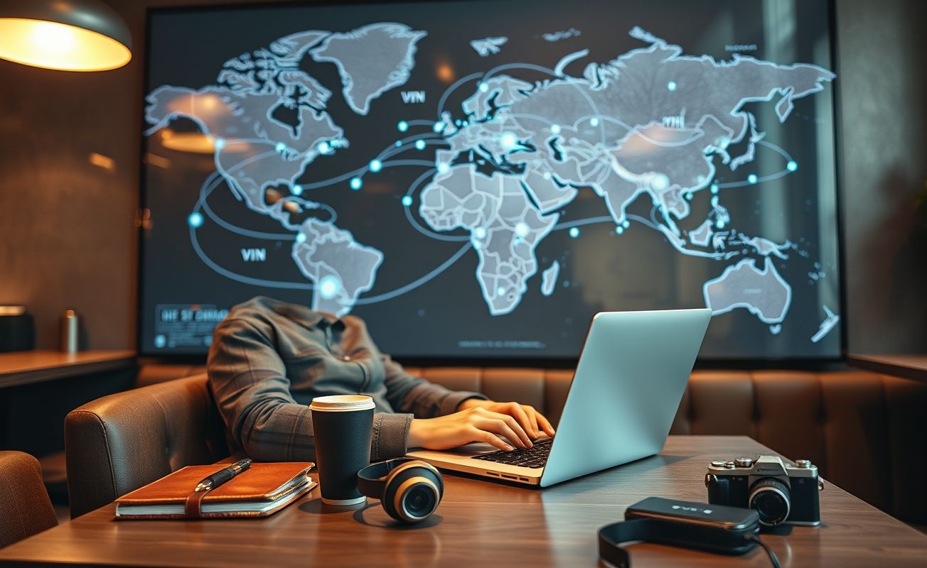 Nômade digital usando VPN em café para trabalho remoto seguro