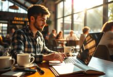 Nômade digital trabalhando em café com internet gratuita