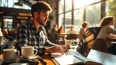 Nômade digital trabalhando em café com internet gratuita