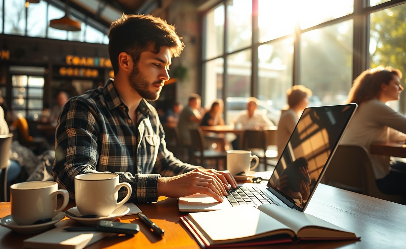 Nômade digital trabalhando em café com internet gratuita