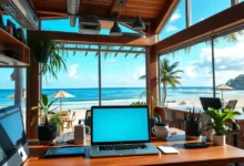 Um espaço de trabalho vibrante que reflete a liberdade do empreendedorismo digital.