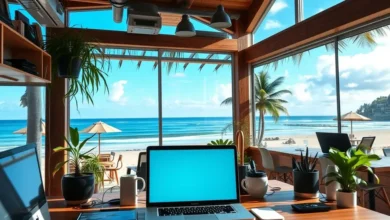 Um espaço de trabalho vibrante que reflete a liberdade do empreendedorismo digital.