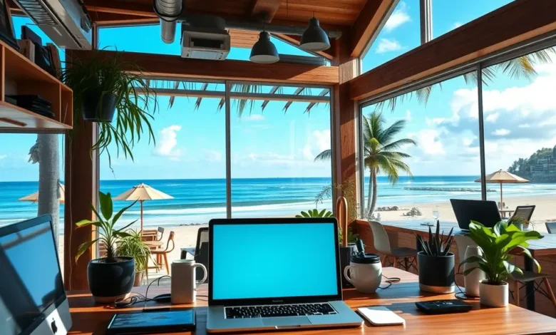 7 Passos para Criar uma Empresa Lucrativa em 2025 - Web Nômade Digital Um espaço de trabalho vibrante que reflete a liberdade do empreendedorismo digital.